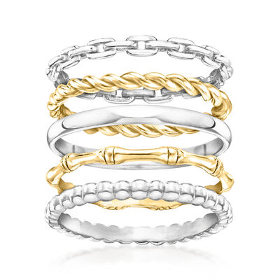 Sterling Silver and 18kt Gold Over Sterling Jewelry Set: Five Stackable Rings