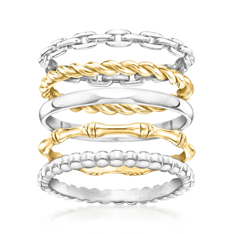 Sterling Silver and 18kt Gold Over Sterling Jewelry Set: Five Stackable Rings image number 0