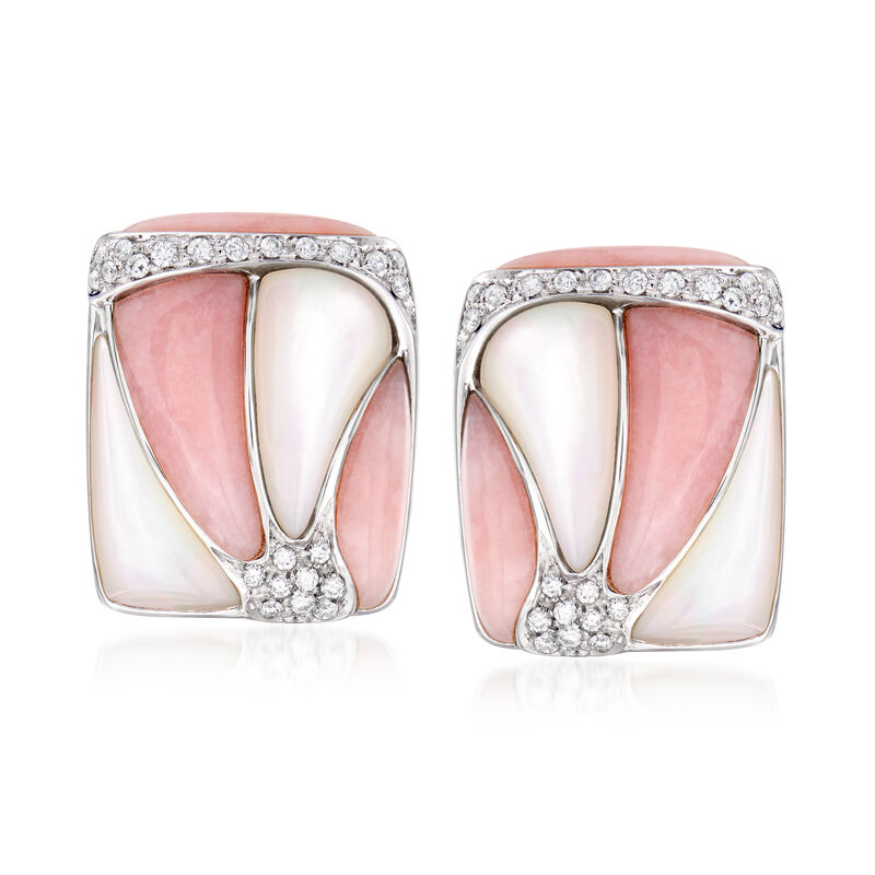 C. 1980 Vintage Pink Jade, Mother-Of-Pearl and .65 ct. t.w. Diamond Earrings in 18kt White Gold image number 0