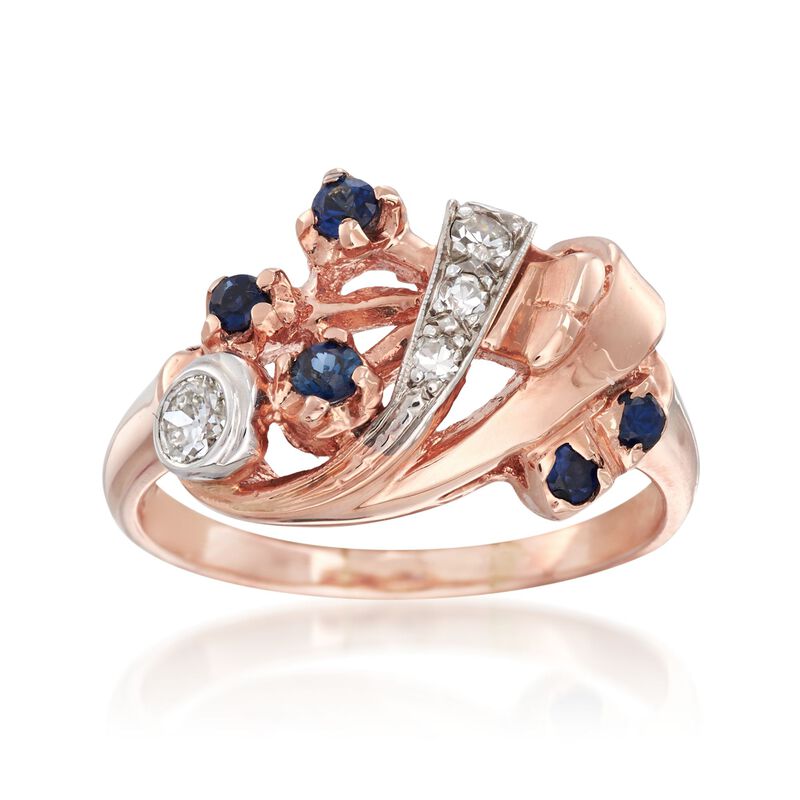C. 1940 Vintage .18 ct. t.w. Sapphire and .17 ct. t.w. Diamond Spray Ring in 14kt Two-Tone Gold. Size 6 image number 0