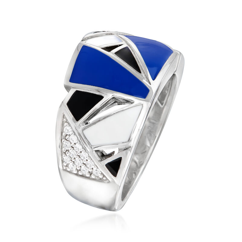 Belle Etoile &quot;Spectrum&quot; Enamel and .21 ct. t.w. Black and White CZ Ring in Sterling Silver. Size 7 image number 2