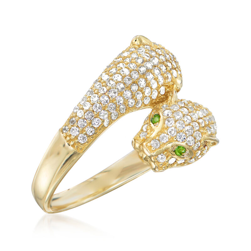 1.90 ct. t.w. White Zircon Panther Ring in 18kt Yellow Gold Over Sterling Silver with Green Chrome Diopside image number 3