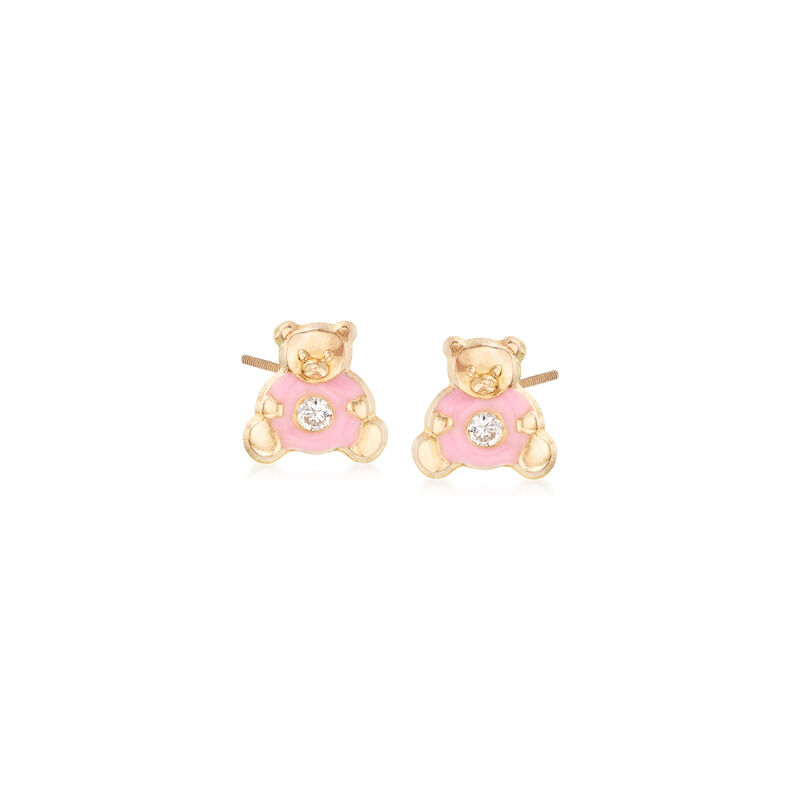 Child's CZ-Accented Pink Enamel Teddy Bear Stud Earrings in 14kt Yellow Gold image number 0