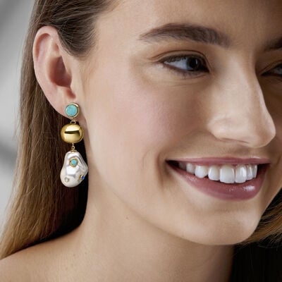 14kt Yellow Gold-Plated Drop Earrings with 5-7mm Amazonites, Simulated Baroque Pearls and Simulated Gemstones