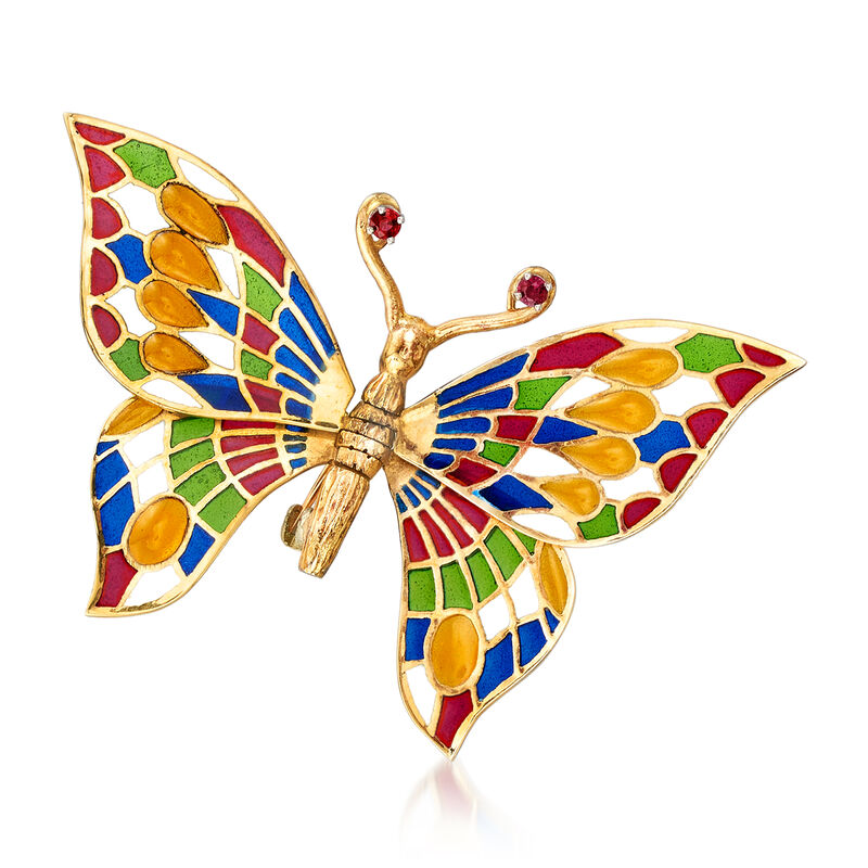 C. 1970 Vintage Plique-A-Jour Multicolored Enamel and .10 ct. t.w. Ruby Butterfly Pin in 14kt Yellow Gold image number 0