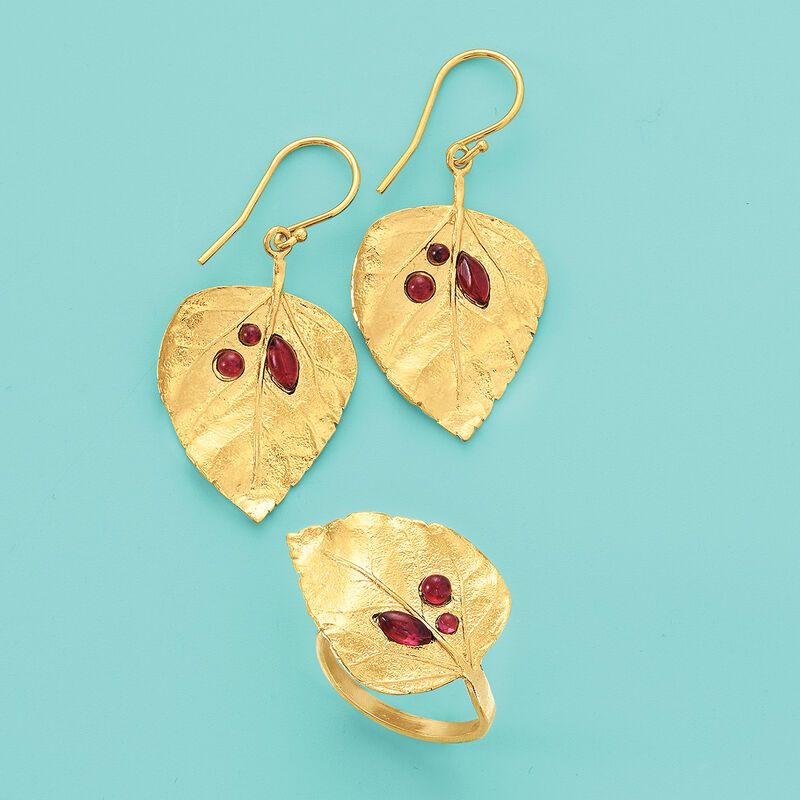 1.40 ct. t.w. Garnet Leaf Drop Earrings in 18kt Gold Over Sterling image number 3
