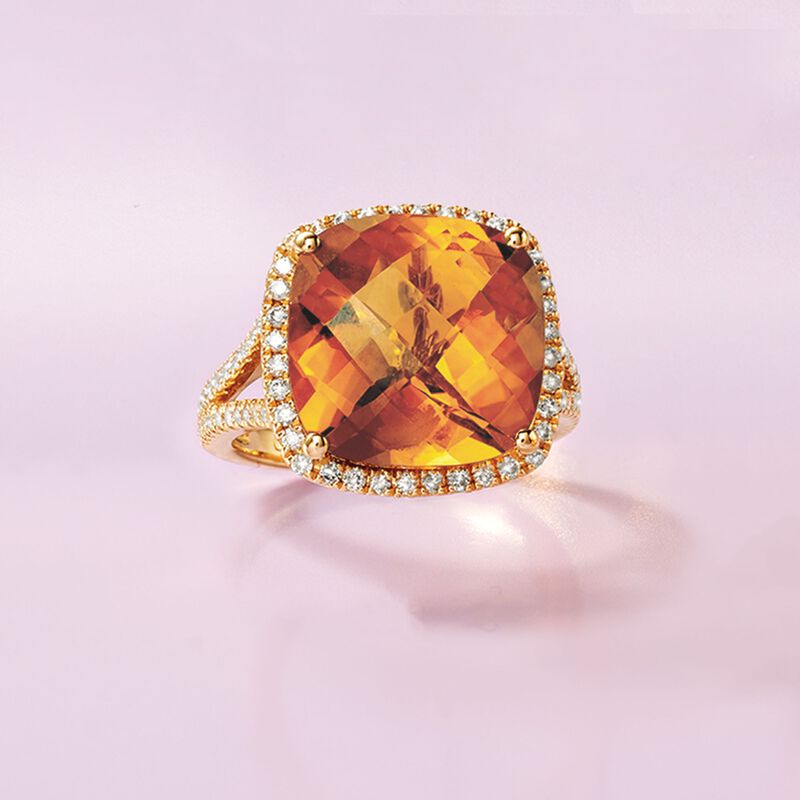 9.75 Carat Cushion-Cut Citrine and Diamond Ring in 14kt Yellow Gold image number 3