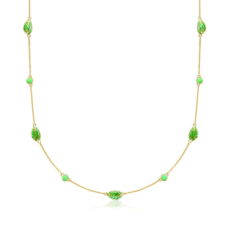 1.10 ct. t.w. Emerald and Green Enamel Leaf Station Necklace in 18kt Gold Over Sterling. 18&quot; image number 2