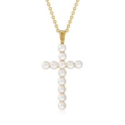 3.5-4mm Cultured Pearl Cross Pendant Necklace in 18kt Gold Over Sterling