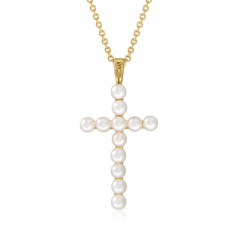 3.5-4mm Cultured Pearl Cross Pendant Necklace in 18kt Gold Over Sterling. 18&quot; image number 1