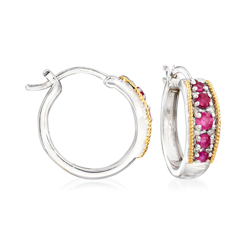 .60 ct. t.w. Ruby and Diamond-Accented Hoop Earrings in Sterling Silver with 14kt Yellow Gold. 3/4&quot; image number 0