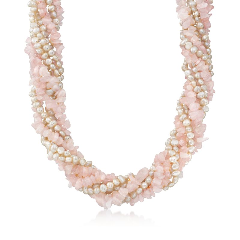 Cultured Pearl and Rose Quartz Chip Torsade Necklace with Sterling Silver image number 0