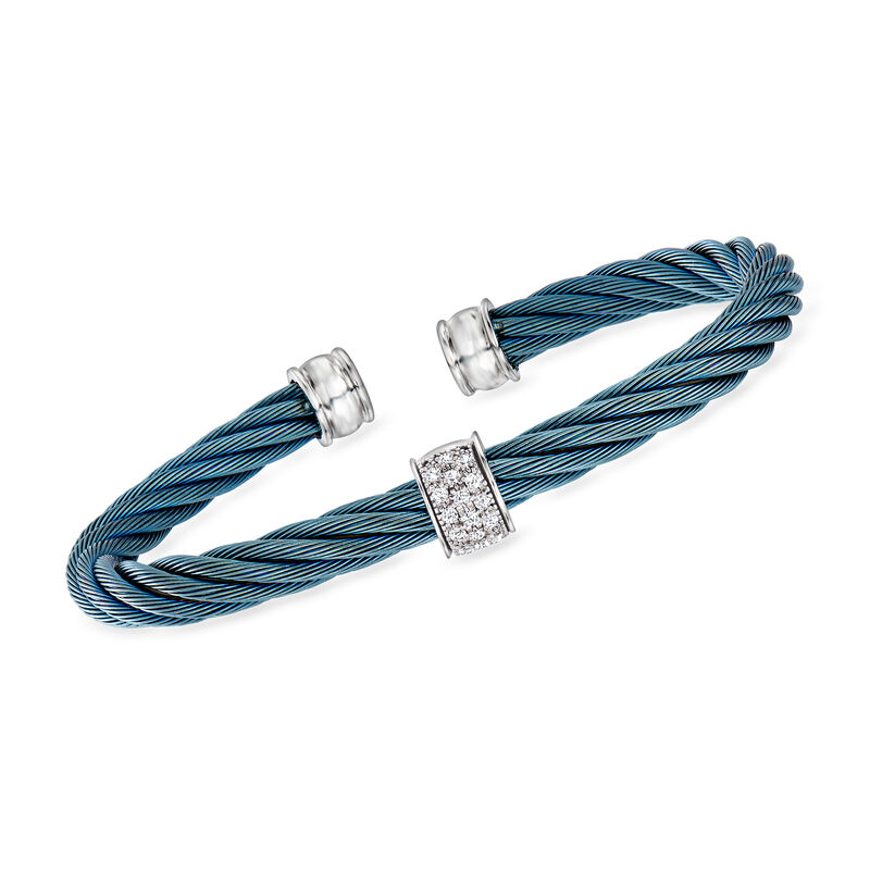 ALOR .13 ct. t.w. Diamond and Caribbean Blue Stainless Steel Cable Cuff Bracelet with 18kt White Gold. 7&quot; image number 0
