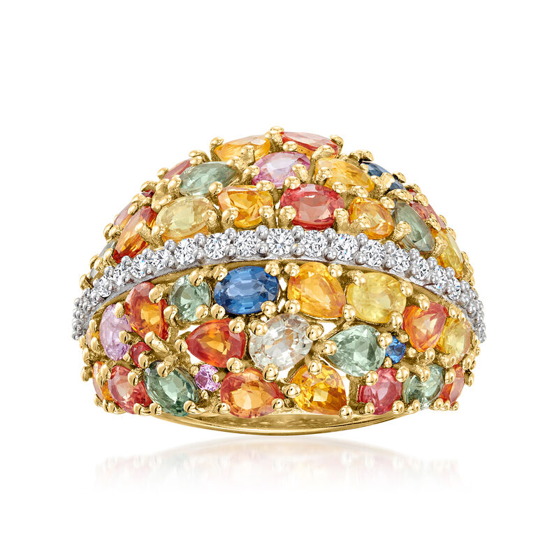 8.30 ct. t.w. Multicolored Sapphire and .60 ct. t.w. White Zircon Ring in 18kt Gold Over Sterling image number 0