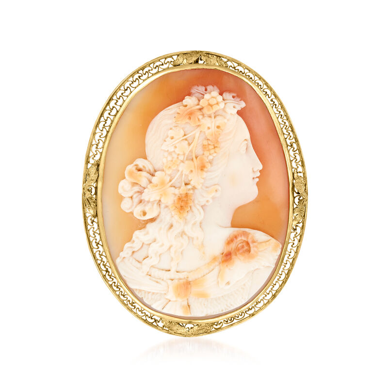 C. 1940 Vintage Carved Peach Shell Cameo Pin/Pendant in 14kt Yellow Gold image number 2