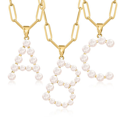 Cultured Pearl Initial Pendant Paper Clip Link Necklace in 18kt Gold Over Sterling