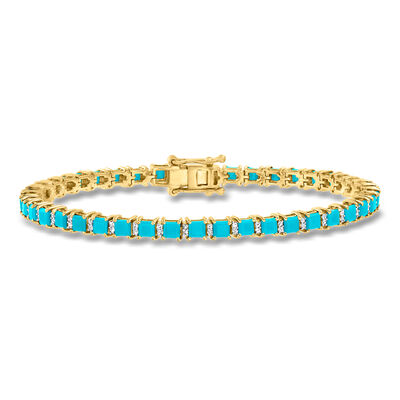 Turquoise and .43 ct. t.w. Diamond Tennis Bracelet in 18kt Gold Over Sterling
