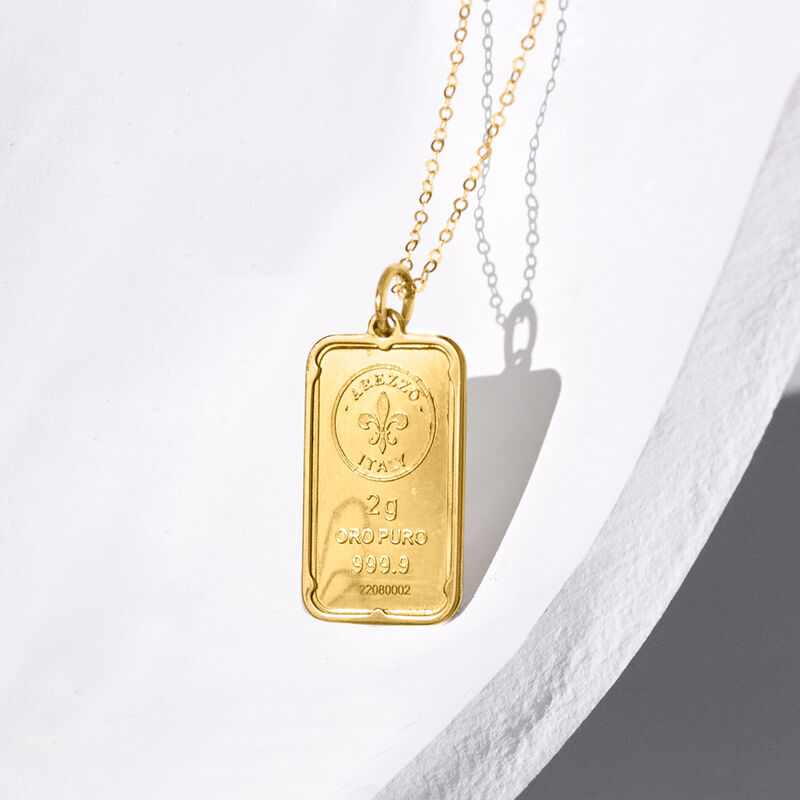 Italian 24kt Yellow Gold Fleur-De-Lis Two-Gram Ingot Pendant Necklace with 14kt Yellow Gold Frame image number 4