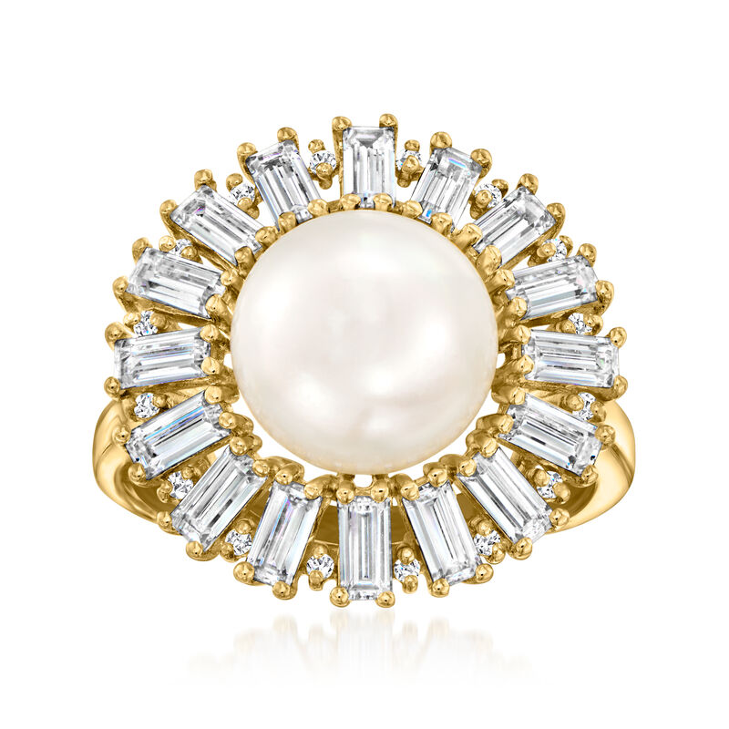 10-10.5mm Cultured Pearl and 2.28 ct. t.w. CZ Ring in 18kt Gold Over Sterling image number 0