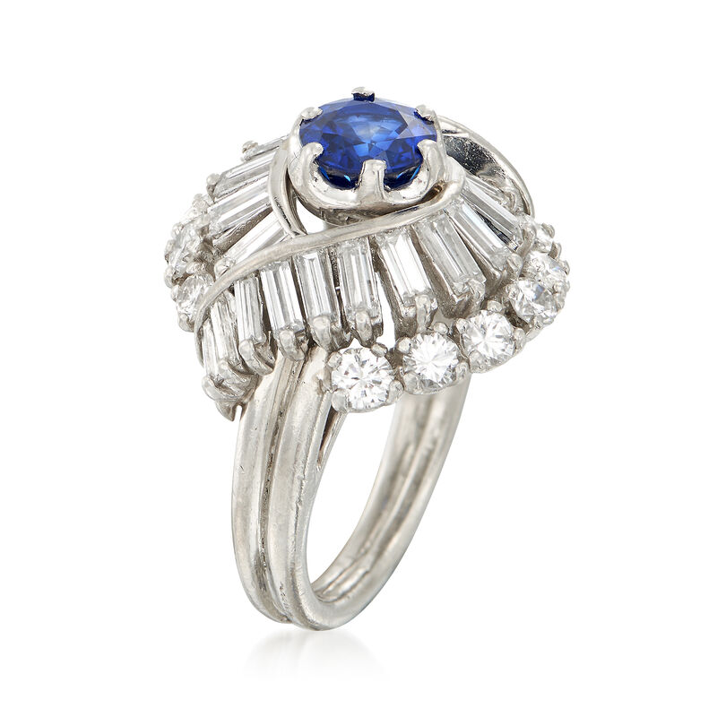 C. 1970 Vintage .95 Carat Sapphire and 2.25 Multi-Cut Diamond Ring in Platinum. Size 5 image number 2