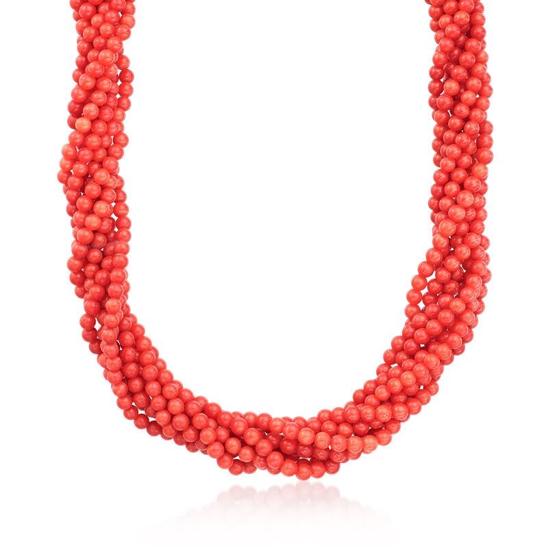 C. 1980 Vintage 4.5-5mm Coral Bead Torsade Necklace with 18kt Two-Tone Gold. 18" image number 0