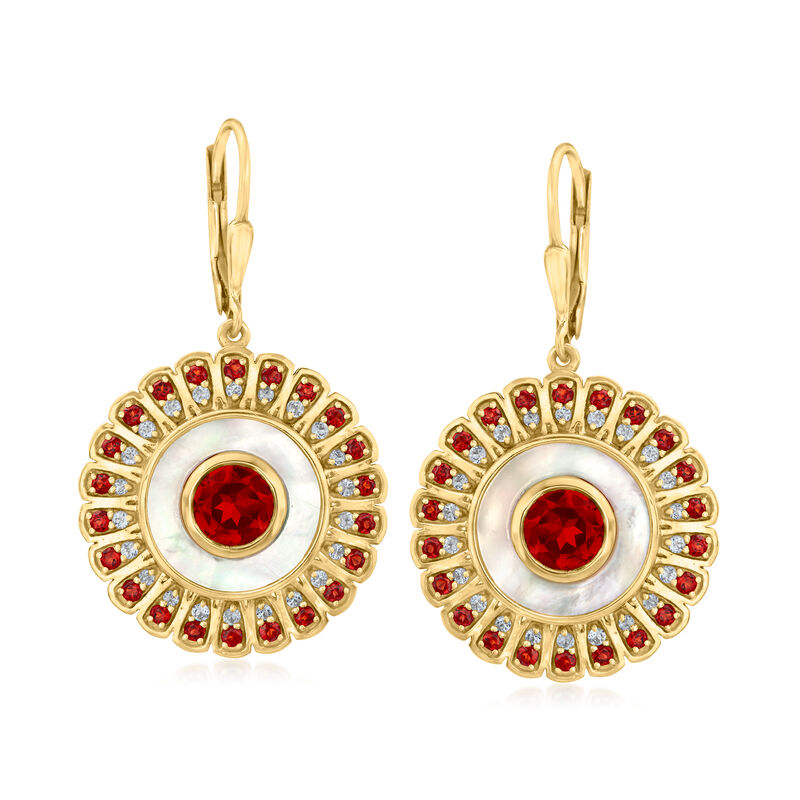 Mother-of-Pearl, 3.30 ct. t.w. Garnet and .50 ct. t.w. White Topaz Circle Drop Earrings in 18kt Gold Over Sterling  image number 0