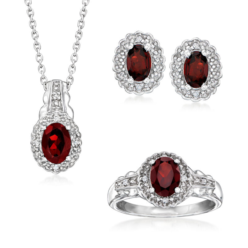 2.70 ct. t.w. Garnet Jewelry Set with White Topaz Accents: Pendant Necklace, Earrings and Ring in Sterling Silver image number 0