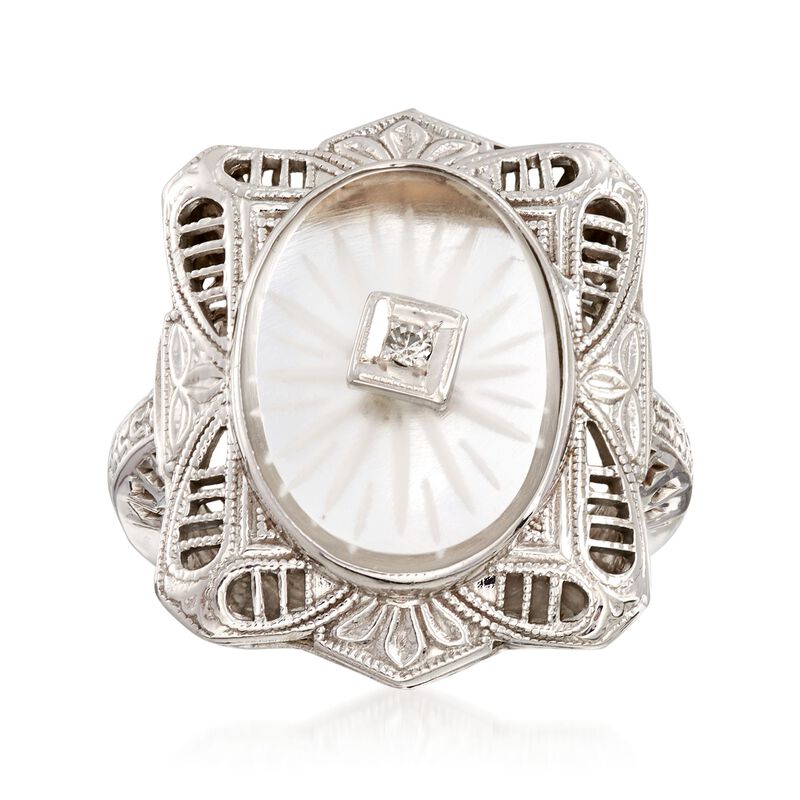 C. 1950 Vintage Rock Crystal Filigree Ring with Diamond Accents in 14kt White Gold. Size 4 image number 0