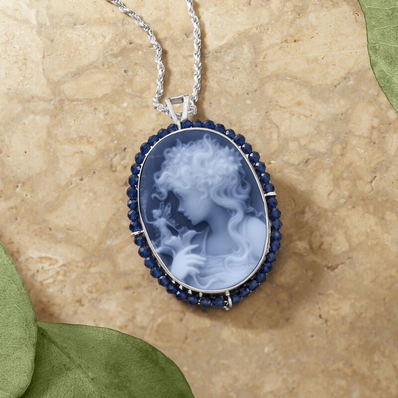 Italian Blue Agate Girl with Fairy Cameo Pin/Pendant with 2.30 ct. t.w. Blue Spinel in Sterling Silver image number 3
