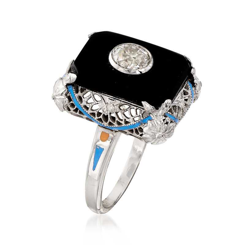 C. 1950 Vintage Black Onyx and Diamond Ring in 14kt White Gold. Size 5.25 image number 2