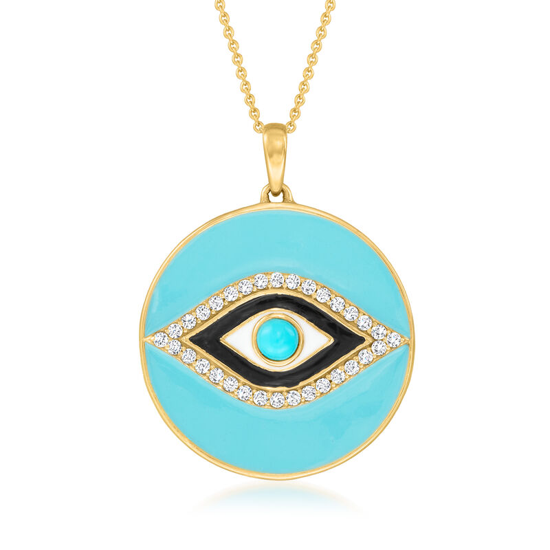 Turquoise and .40 ct. t.w. White Zircon Evil Eye Pendant Necklace with Multicolored Enamel in 18kt Gold Over Sterling. 18&quot; image number 1