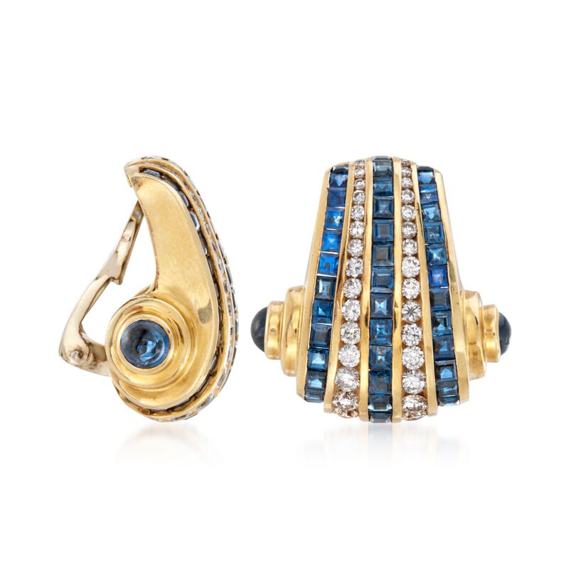C. 1990 Vintage Charles Krypell 9.60 ct. t.w. Sapphire and 2.00 ct. t.w. Diamond Clip-On Earrings in 18kt Yellow Gold image number 2