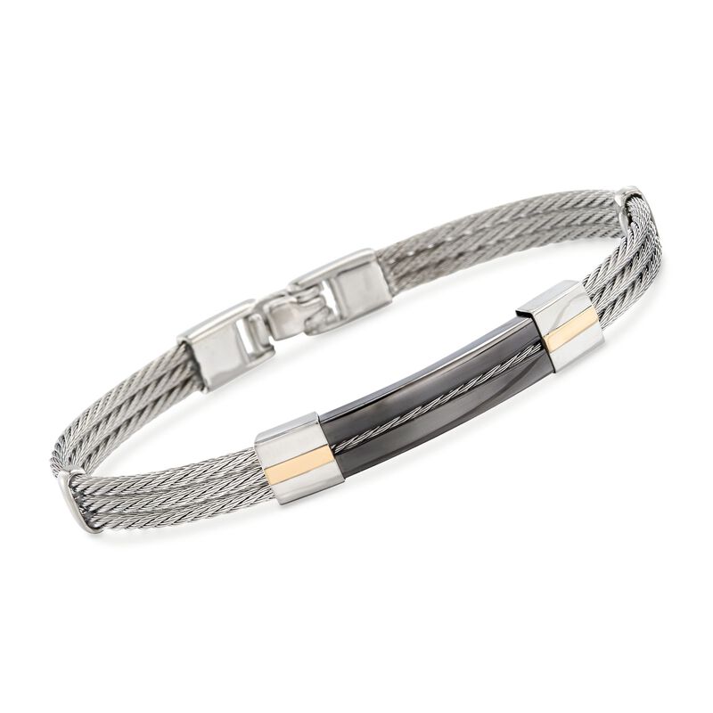 ALOR Men's Black and Gray Stainless Steel Cable Bar Bracelet with 18kt Yellow Gold. 7.75&quot; image number 0