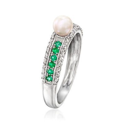 4.5-5mm Cultured Pearl, .25 ct. t.w. Diamond and .20 ct. t.w. Emerald Ring in Sterling Silver