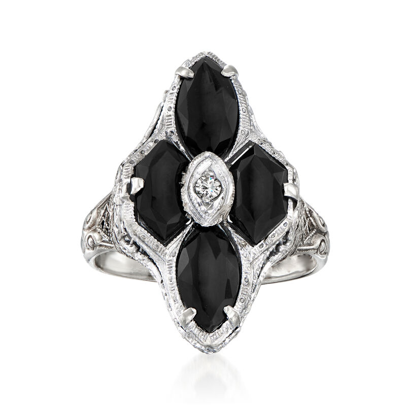 C. 1950 Vintage Black Onyx and Diamond-Accented Filigree Ring in 14kt White Gold image number 0