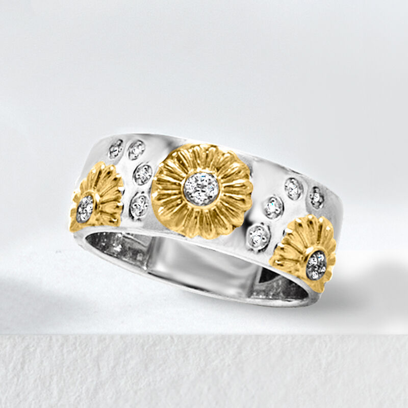 Diamond Sunflower Ring in Two-Tone  Sterling Silver image number 5