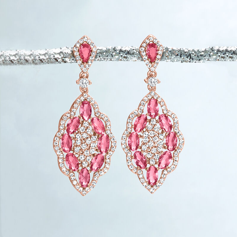 4.50 ct. t.w. Simulated Pink Sapphire and 2.05 ct. t.w. CZ Drop Earrings in 18kt Rose Gold Over Sterling  image number 2