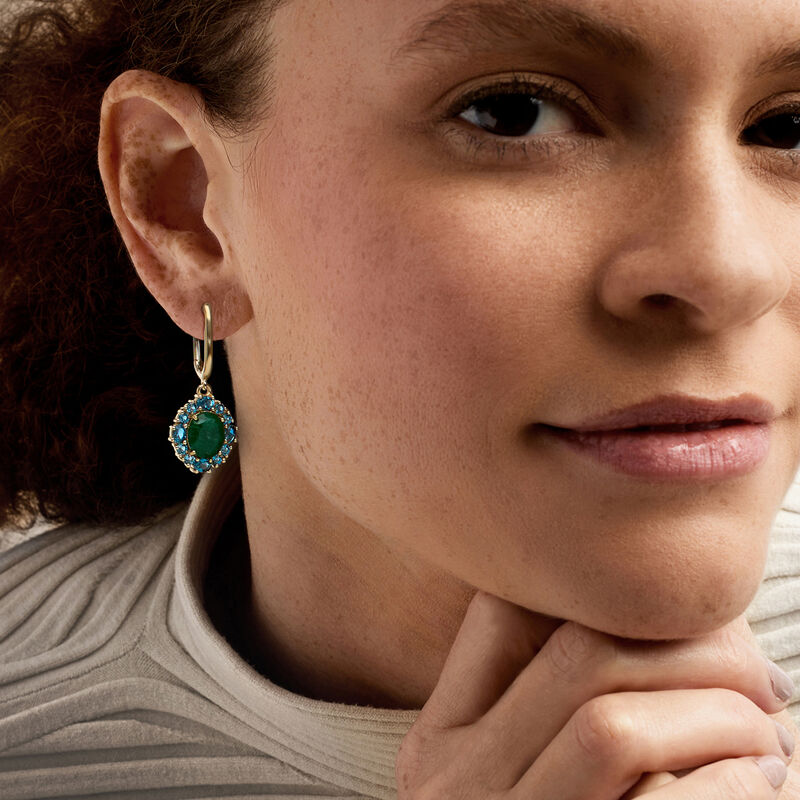 5.50 ct. t.w. Emerald and 2.80 ct. t.w. London Blue Topaz Drop Earrings in 18kt Gold Over Sterling  image number 1