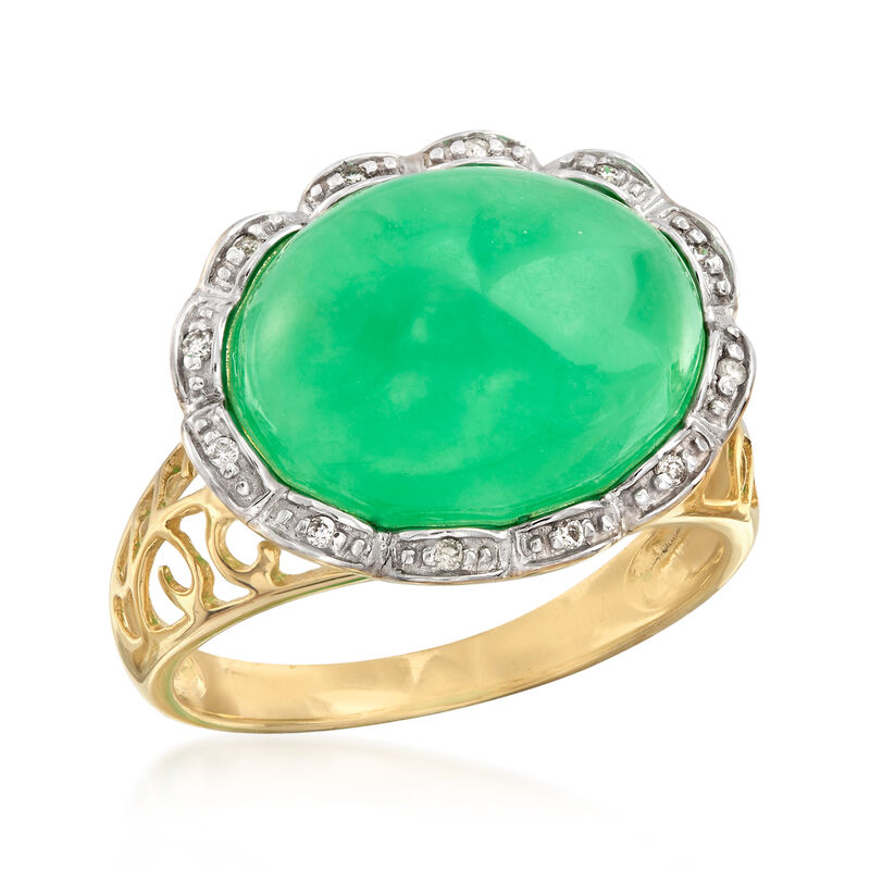 Jade Cabochon Ring with Diamond Accents in 14kt Yellow Gold image number 3
