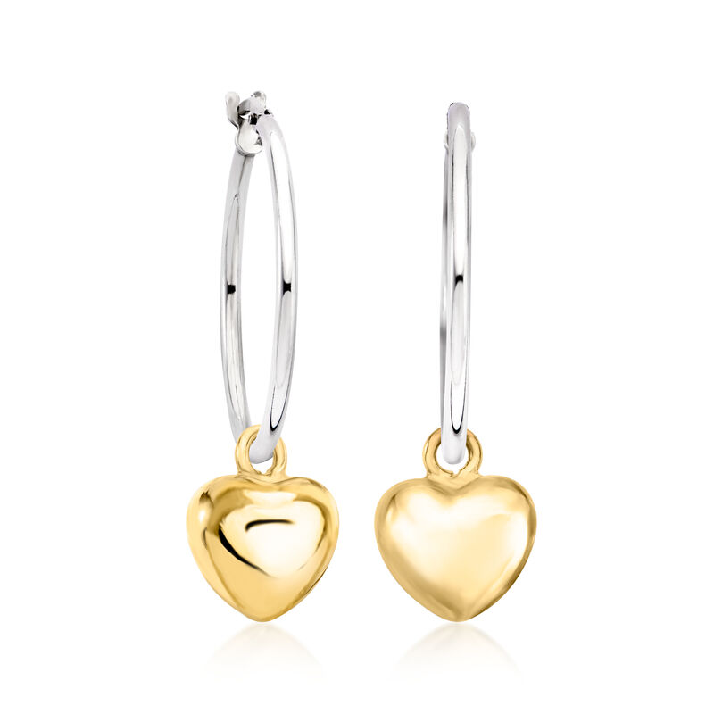 Italian Sterling Silver Hoop Earrings with Removable 18kt Gold Over Sterling Heart Drops  image number 0