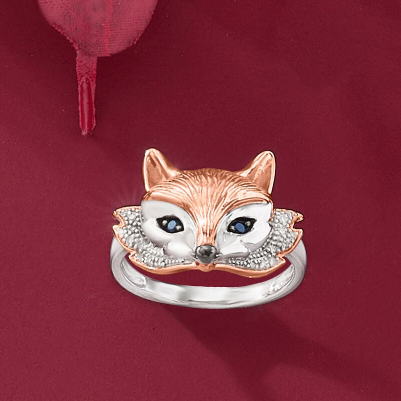 Sterling Silver and 18kt Rose Gold Over Sterling Fox Ring with Sapphires and Diamonds image number 4
