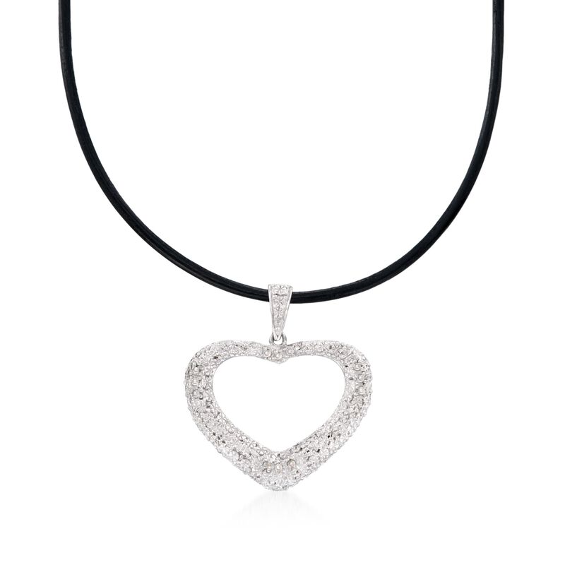 Diamond Heart Pendant Necklace in Sterling Silver on Black Leather Cord. 18&quot; image number 1