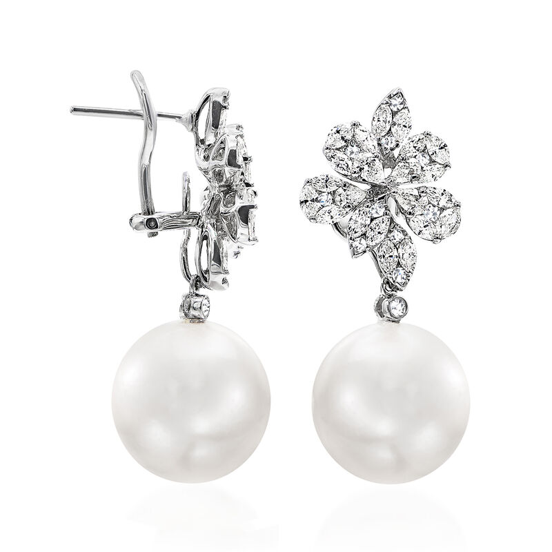14-15mm Cultured South Sea Pearl and 2.24 ct. t.w. Diamond Floral Drop Earrings in 18kt White Gold image number 1