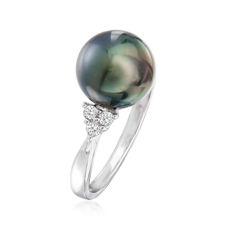 9-9.5mm Black Cultured Tahitian Pearl and .14 ct. t.w. Diamond Ring in Sterling Silver image number 2
