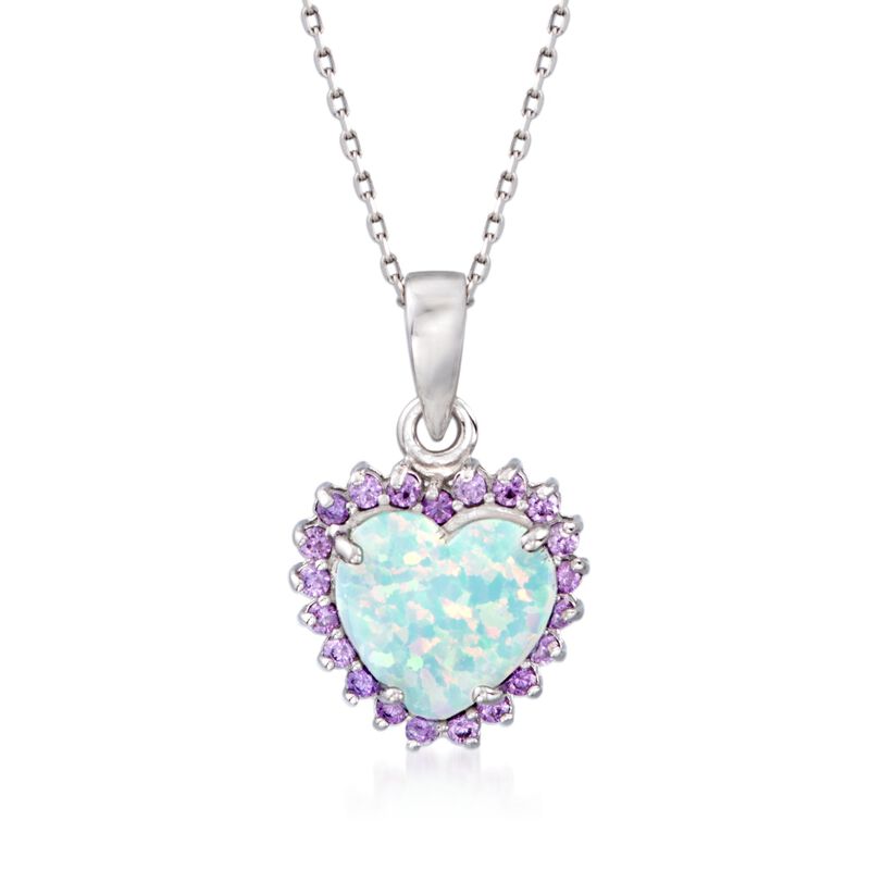 Simulated Opal and Simulated Amethyst Heart Pendant Necklace in Sterling Silver. 18&quot; image number 1