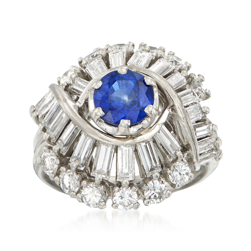 C. 1970 Vintage .95 Carat Sapphire and 2.25 Multi-Cut Diamond Ring in Platinum. Size 5 image number 0