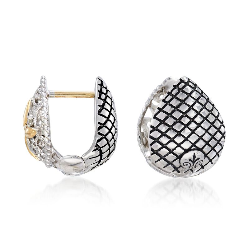 Andrea Candela Sterling Silver and 18kt Yellow Gold Pear Huggie Hoop Earrings with Diamond Accents. 3/8&quot; image number 2