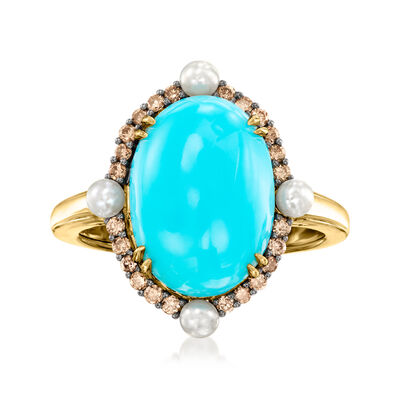 Turquoise and 2.5mm Cultured Pearl Ring with .29 ct. t.w. Brown Diamonds in 18kt Gold Over Sterling