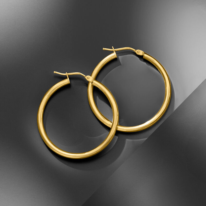 Italian 2mm 18kt Yellow Gold Hoop Earrings. 1 1/8&quot; image number 2