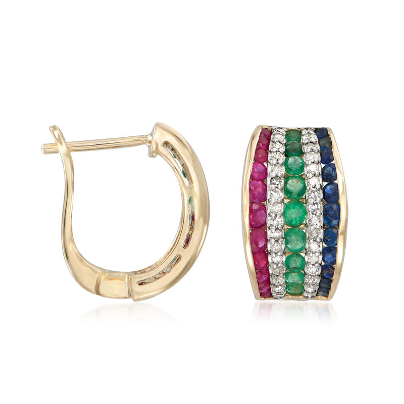 1.70 ct. t.w. Multi-Gemstone and .32 ct. t.w. Diamond Hoop Earrings in 14kt Yellow Gold. 1/2&quot; image number 2
